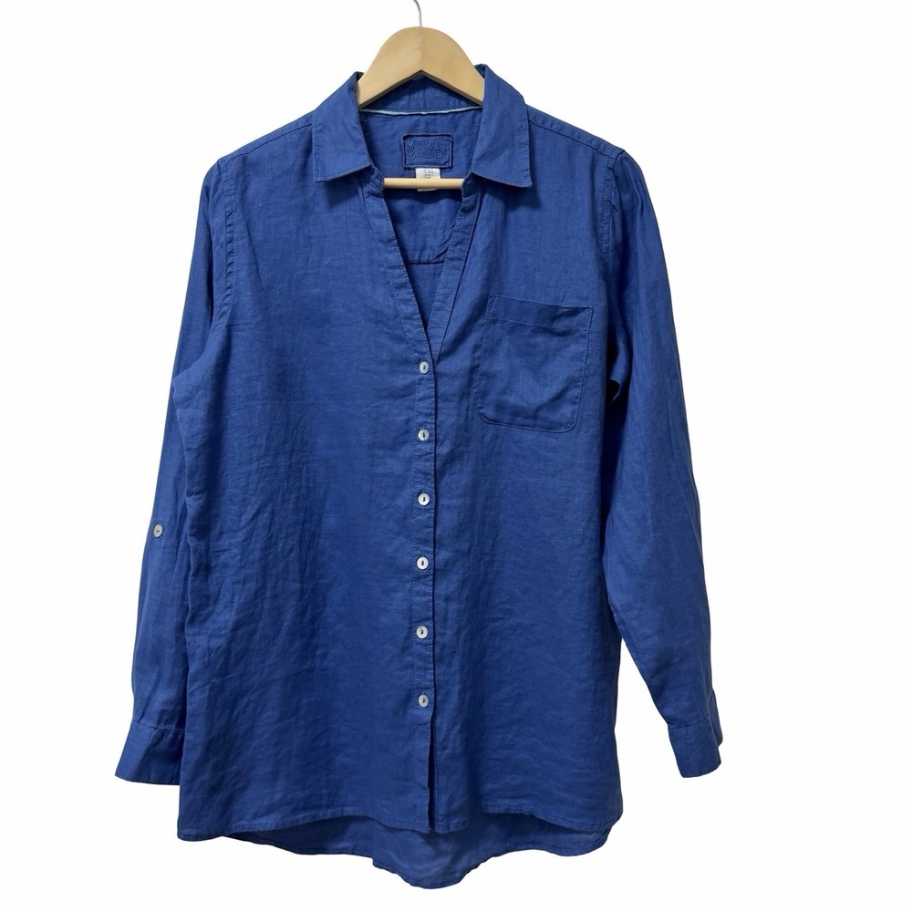 Sigrid Olsen Womens 100% Linen Button Up Shirt Size M Blue Coastal Beach Resort